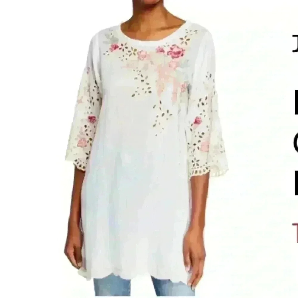 Johnny Was Belina Tunic White Floral Embroidered Top eyelet details - Picture 2 of 16